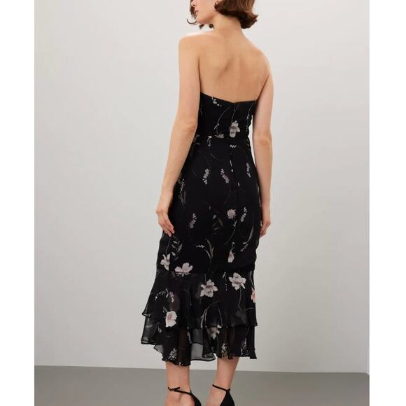 Katie May Black Floral Bustier Midi Dress LARGE Chiffon Strapless Cocktail $365 - Picture 2 of 9
